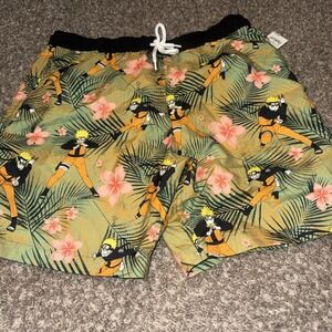 Naruto Men's Elastic Waist Swim Shorts, 3‎ Pockets, Green/Orange/Yellow Medium